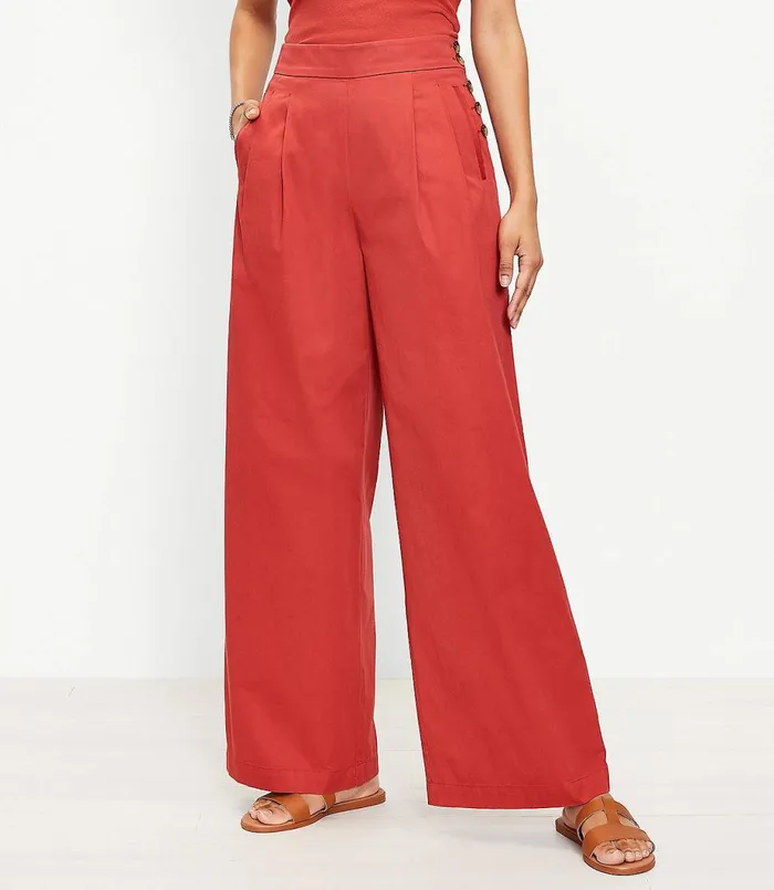 LOFT The Side Button Poplin Wide Leg Pant Coral Splash Women Pants