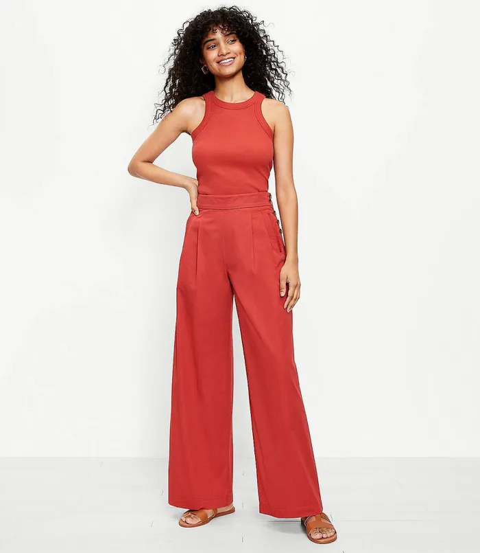 LOFT The Side Button Poplin Wide Leg Pant Coral Splash Women Pants