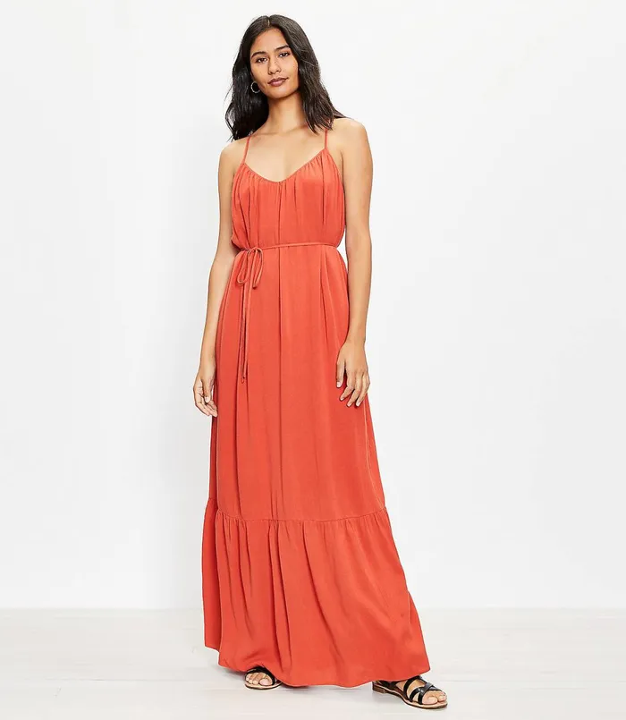 LOFT Tie Back Strappy Maxi Dress Coral Splash Women Swing Dresses