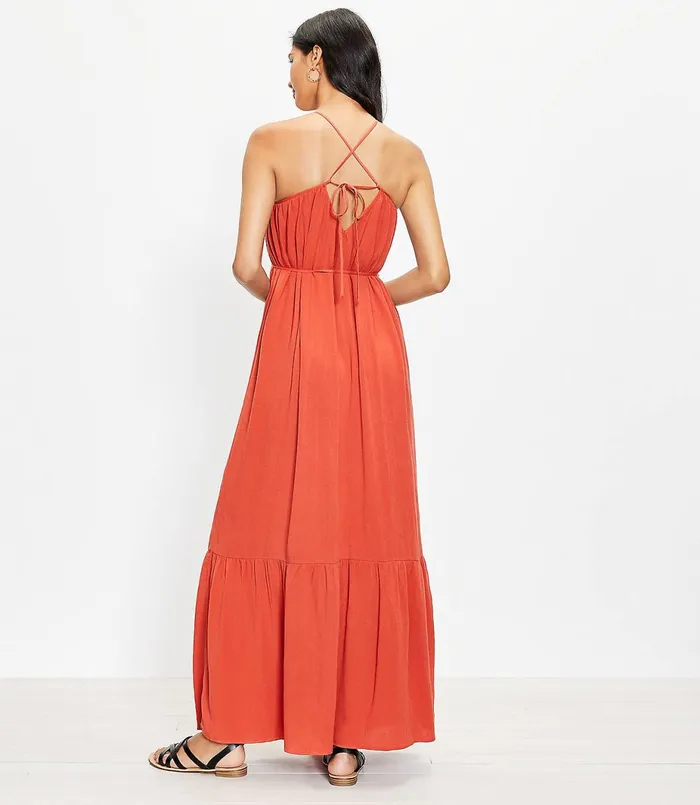 LOFT Tie Back Strappy Maxi Dress Coral Splash Women Swing Dresses