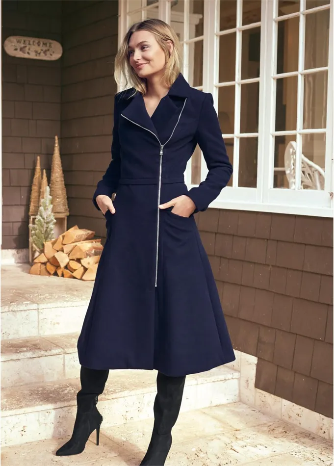LONG ASYMMETRICAL ZIPPER COAT Navy Women VENUS Coats