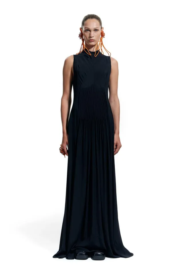 Long Black Minipleats Dress Black Women Bimba Y Lola Bimba Y Palomo