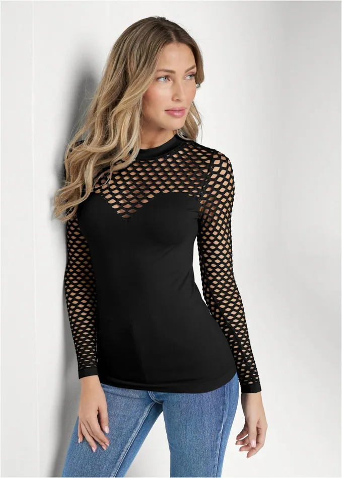 LONG SLEEVE SEAMLESS TOP Black Women VENUS Night Out Tops