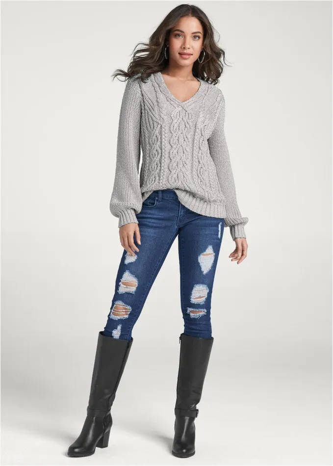 Lurex Cable Knit Sweater Silver Women VENUS Sexy Sweaters