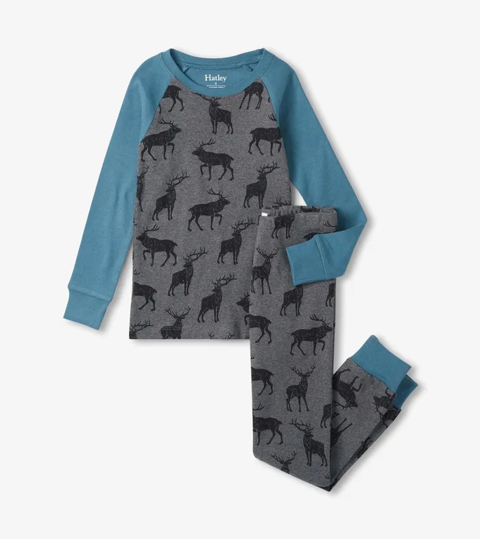 Magestic Elks Raglan Kids Organic Cotton Pajama Set Hatley