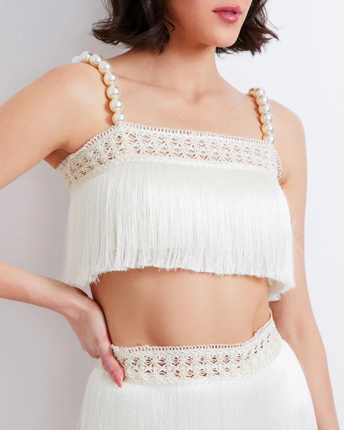 Matching Sets Women PatBO AllOver Fringe Top With Pearl Beaded Straps