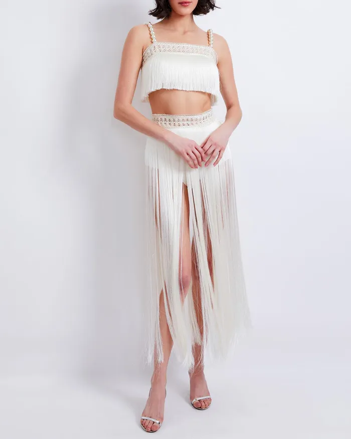 Matching Sets Women PatBO AllOver Fringe Top With Pearl Beaded Straps