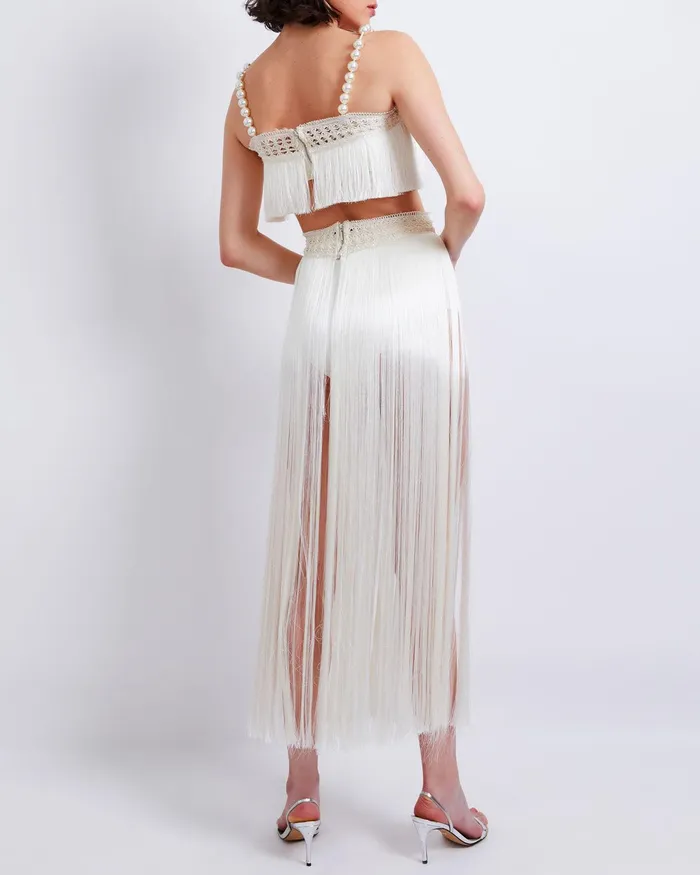 Matching Sets Women PatBO AllOver Fringe Top With Pearl Beaded Straps