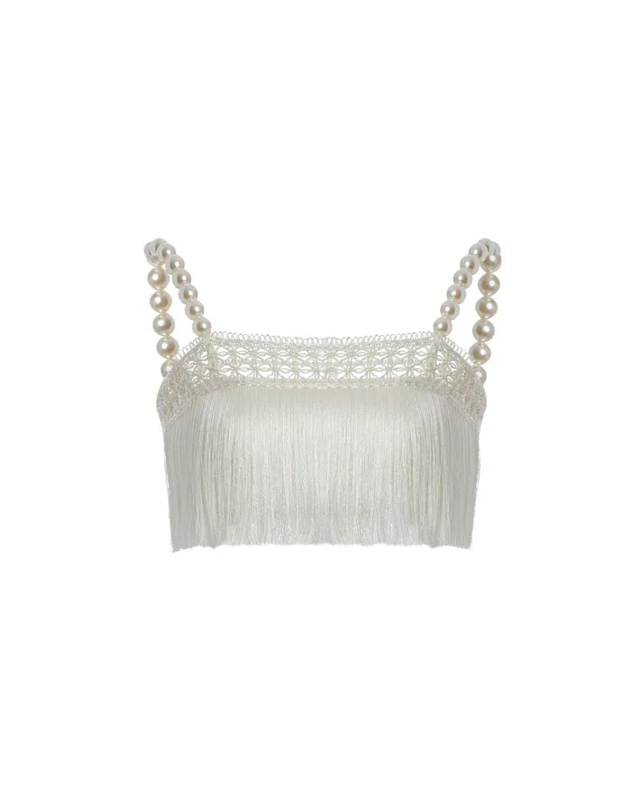 Matching Sets Women PatBO AllOver Fringe Top With Pearl Beaded Straps
