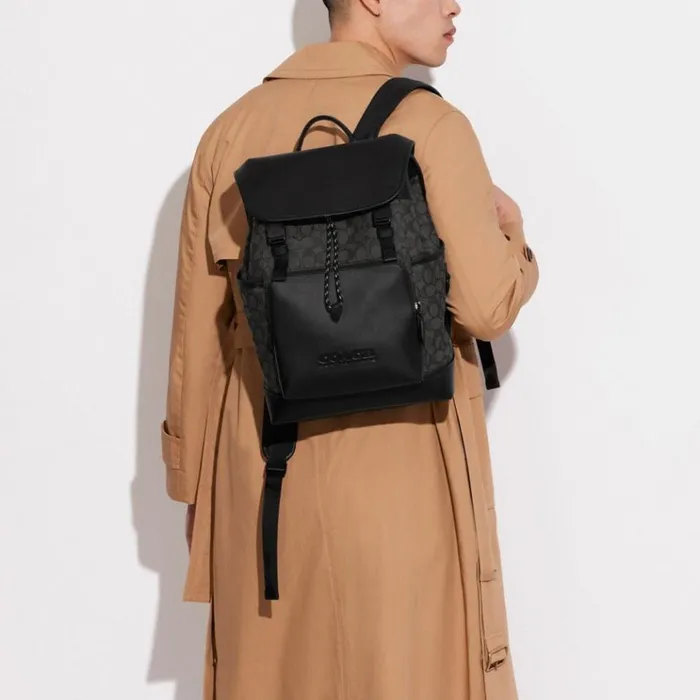 Men Backpacks Coach League Flap Backpack In Signature Jacquard Charcoalblack