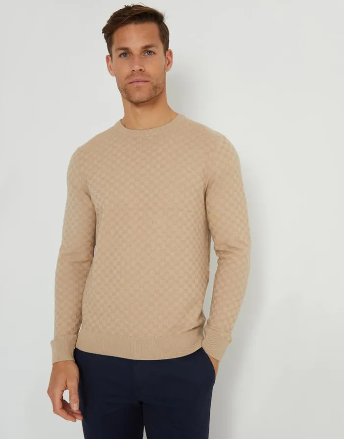 Men Beige Textured Knit Crew Neck Jumper Threadbare Jumpers