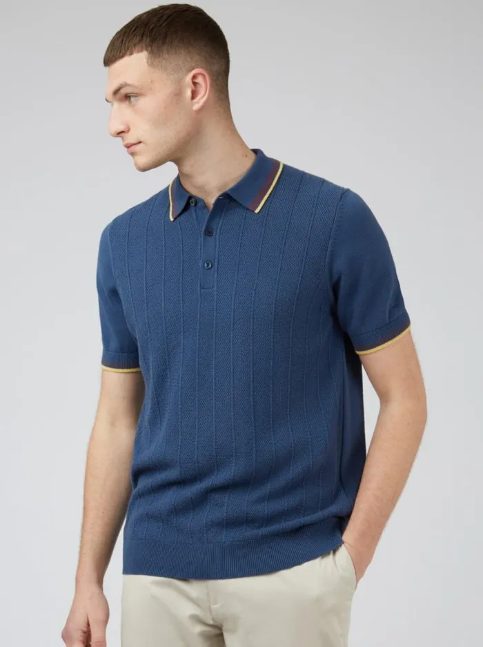 Men Ben Sherman Mod Knit Polos Textured Knit Fitted Polo 8211 Blue Denim