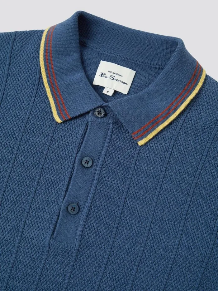 Men Ben Sherman Mod Knit Polos Textured Knit Fitted Polo 8211 Blue Denim Men Ben Sherman Mod Knit Polos Textured Knit Fitted Polo 8211 Blue Denim