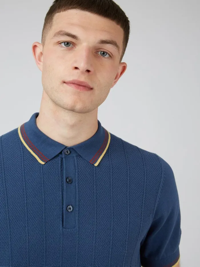 Men Ben Sherman Mod Knit Polos Textured Knit Fitted Polo 8211 Blue Denim Men Ben Sherman Mod Knit Polos Textured Knit Fitted Polo 8211 Blue Denim