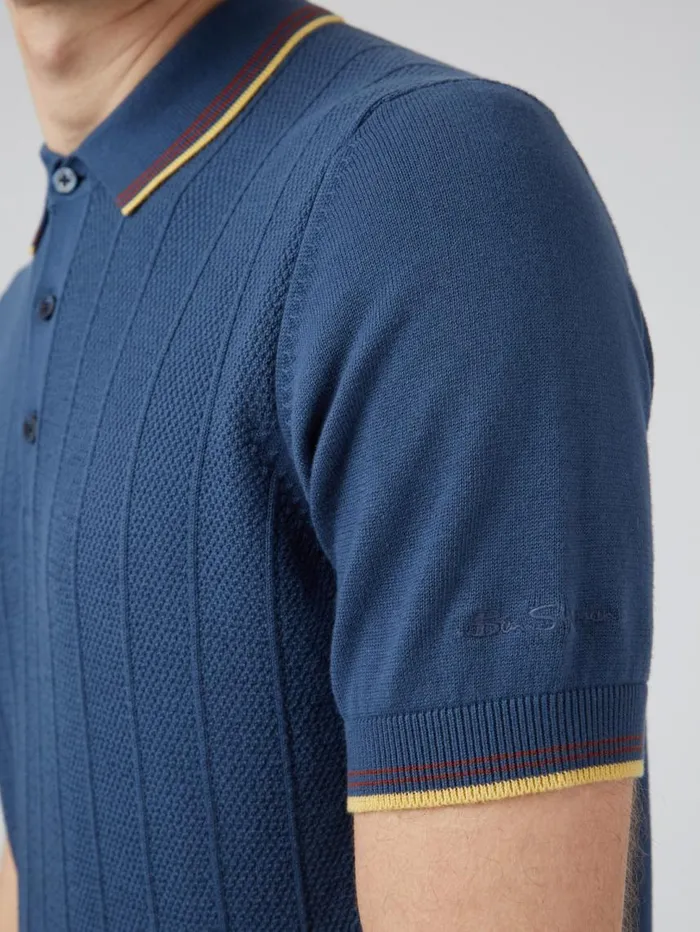 Men Ben Sherman Mod Knit Polos Textured Knit Fitted Polo 8211 Blue Denim Men Ben Sherman Mod Knit Polos Textured Knit Fitted Polo 8211 Blue Denim