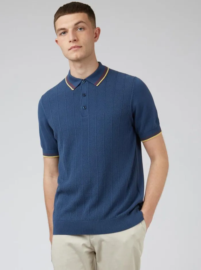 Men Ben Sherman Mod Knit Polos Textured Knit Fitted Polo 8211 Blue Denim Men Ben Sherman Mod Knit Polos Textured Knit Fitted Polo 8211 Blue Denim