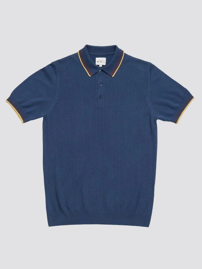 Men Ben Sherman Mod Knit Polos Textured Knit Fitted Polo 8211 Blue Denim Men Ben Sherman Mod Knit Polos Textured Knit Fitted Polo 8211 Blue Denim