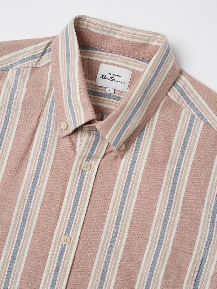 Men Ben Sherman Oxford Shirts Ivy Oxford Stripe ShortSleeve Shirt 8211 Dark Pink