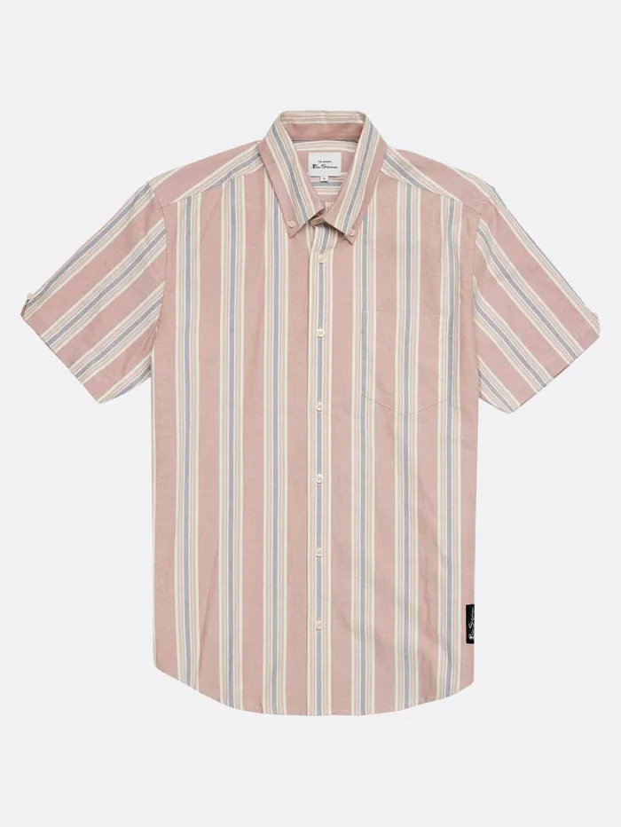 Men Ben Sherman Oxford Shirts Ivy Oxford Stripe ShortSleeve Shirt 8211 Dark Pink