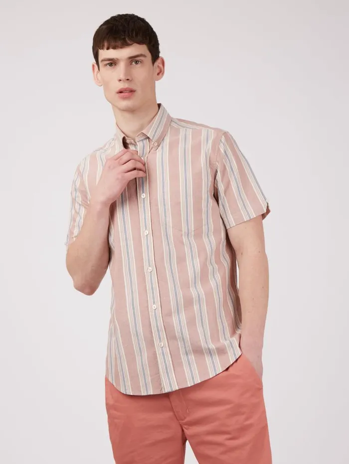 Men Ben Sherman Oxford Shirts Ivy Oxford Stripe ShortSleeve Shirt 8211 Dark Pink