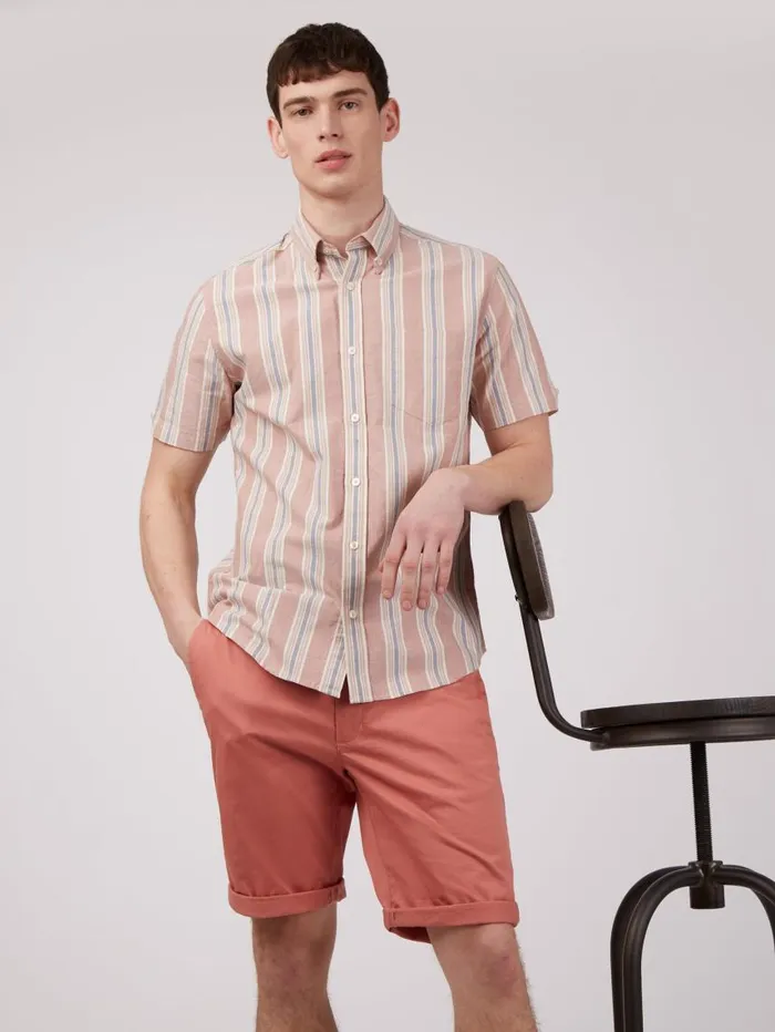 Men Ben Sherman Oxford Shirts Ivy Oxford Stripe ShortSleeve Shirt 8211 Dark Pink