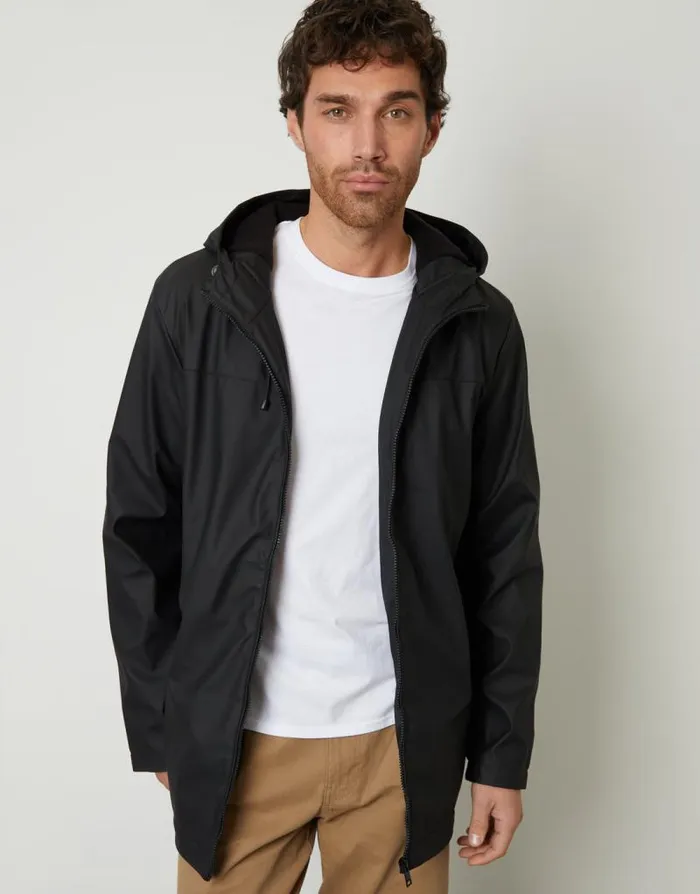 Men Black Microfleece Lined Hooded Rubberised Raincoat Threadbare Coats