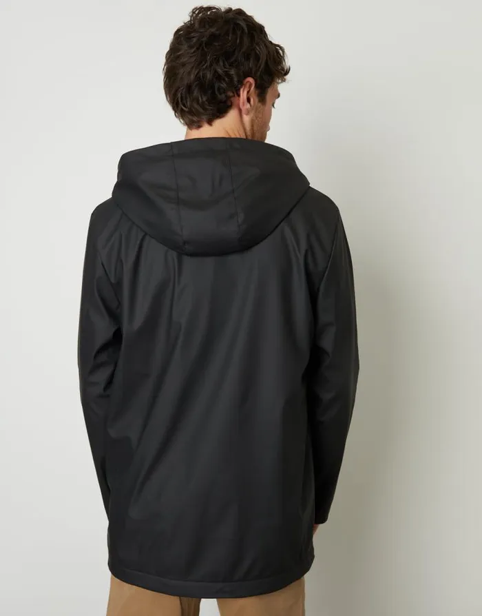 Men Black Microfleece Lined Hooded Rubberised Raincoat Threadbare Coats Men Black Microfleece Lined Hooded Rubberised Raincoat Threadbare Coats