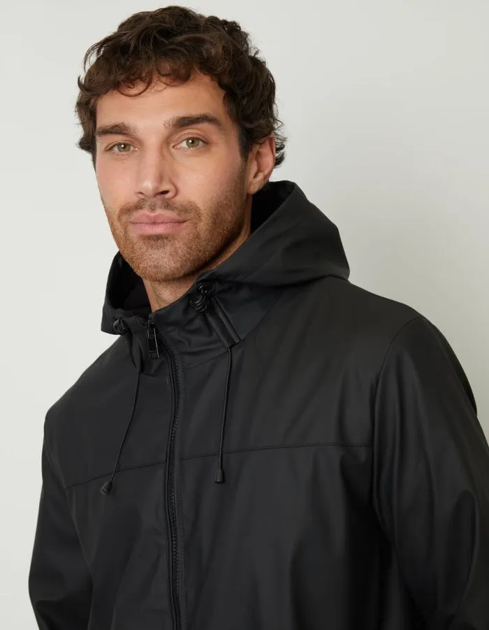 Men Black Microfleece Lined Hooded Rubberised Raincoat Threadbare Coats Men Black Microfleece Lined Hooded Rubberised Raincoat Threadbare Coats