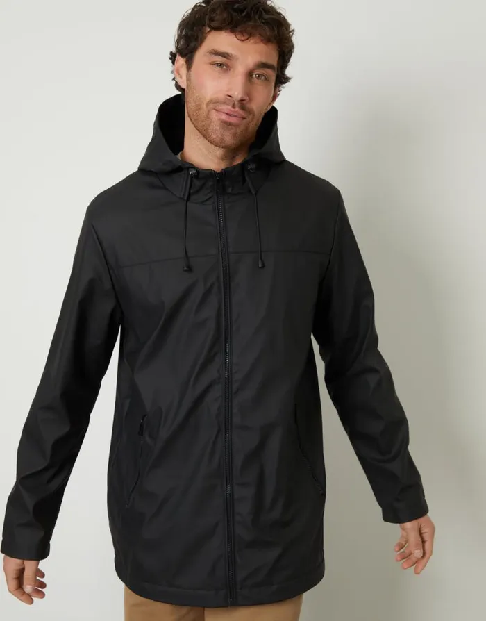 Men Black Microfleece Lined Hooded Rubberised Raincoat Threadbare Coats Men Black Microfleece Lined Hooded Rubberised Raincoat Threadbare Coats