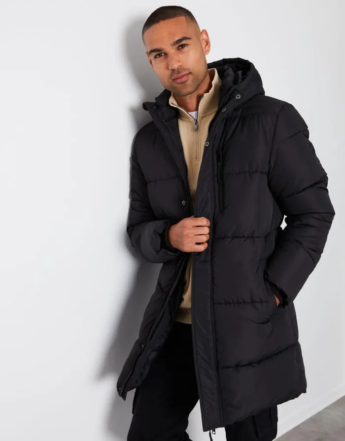 Men Black Showerproof Hooded Longline Puffer Jacket Threadbare Coats