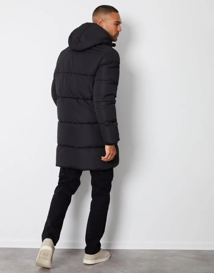 Men Black Showerproof Hooded Longline Puffer Jacket Threadbare Coats Men Black Showerproof Hooded Longline Puffer Jacket Threadbare Coats