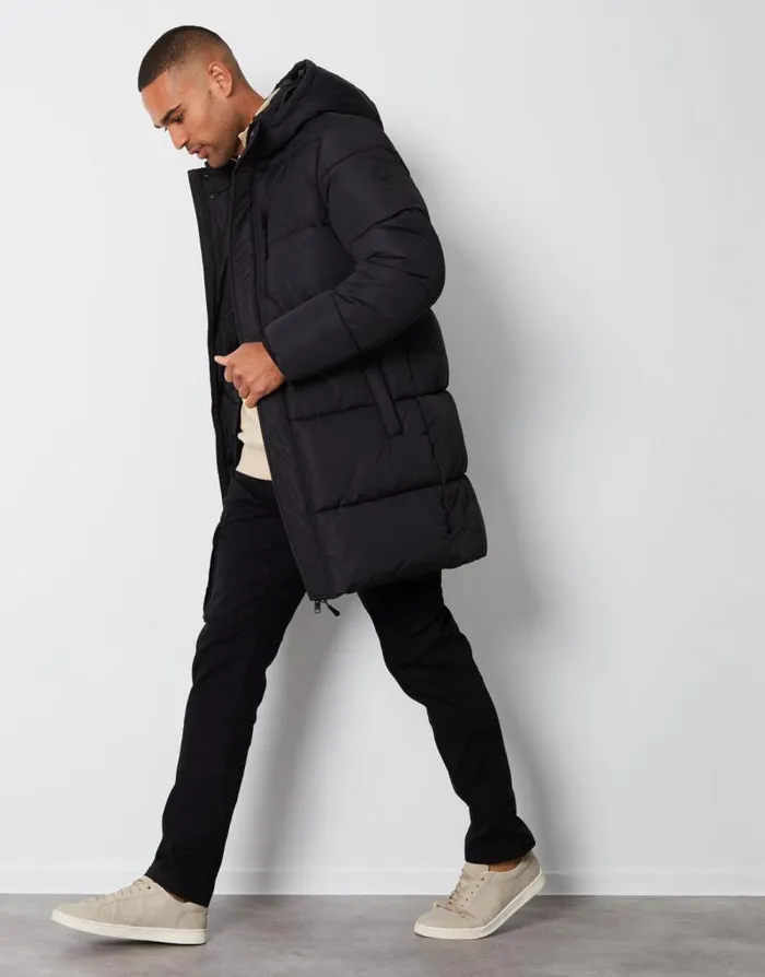 Men Black Showerproof Hooded Longline Puffer Jacket Threadbare Coats Men Black Showerproof Hooded Longline Puffer Jacket Threadbare Coats