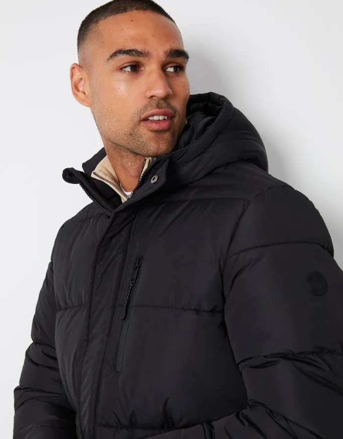 Men Black Showerproof Hooded Longline Puffer Jacket Threadbare Coats Men Black Showerproof Hooded Longline Puffer Jacket Threadbare Coats