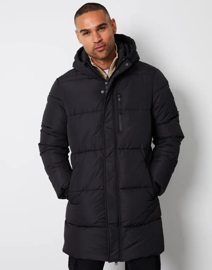 Men Black Showerproof Hooded Longline Puffer Jacket Threadbare Coats Men Black Showerproof Hooded Longline Puffer Jacket Threadbare Coats