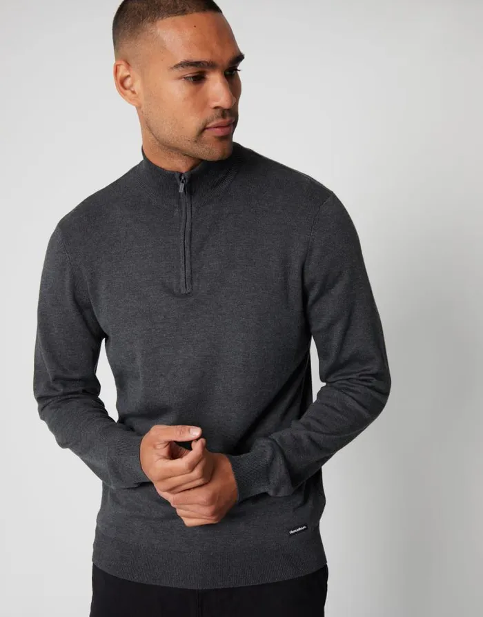 Men Charcoal Funnel Neck Quarter Zip Knitted Jumper Threadbare Jumpers