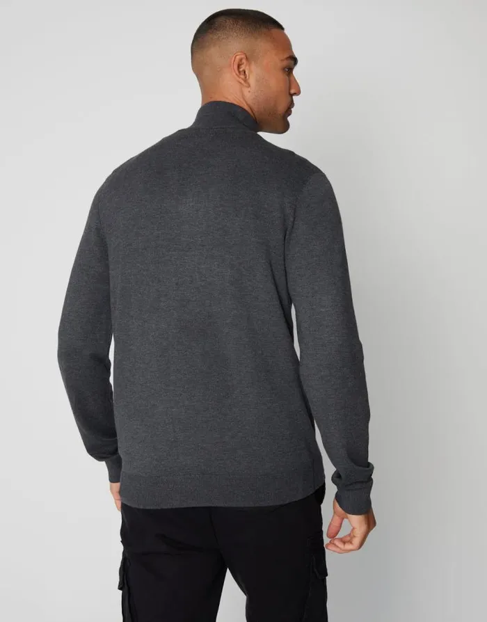 Men Charcoal Funnel Neck Quarter Zip Knitted Jumper Threadbare Jumpers Men Charcoal Funnel Neck Quarter Zip Knitted Jumper Threadbare Jumpers