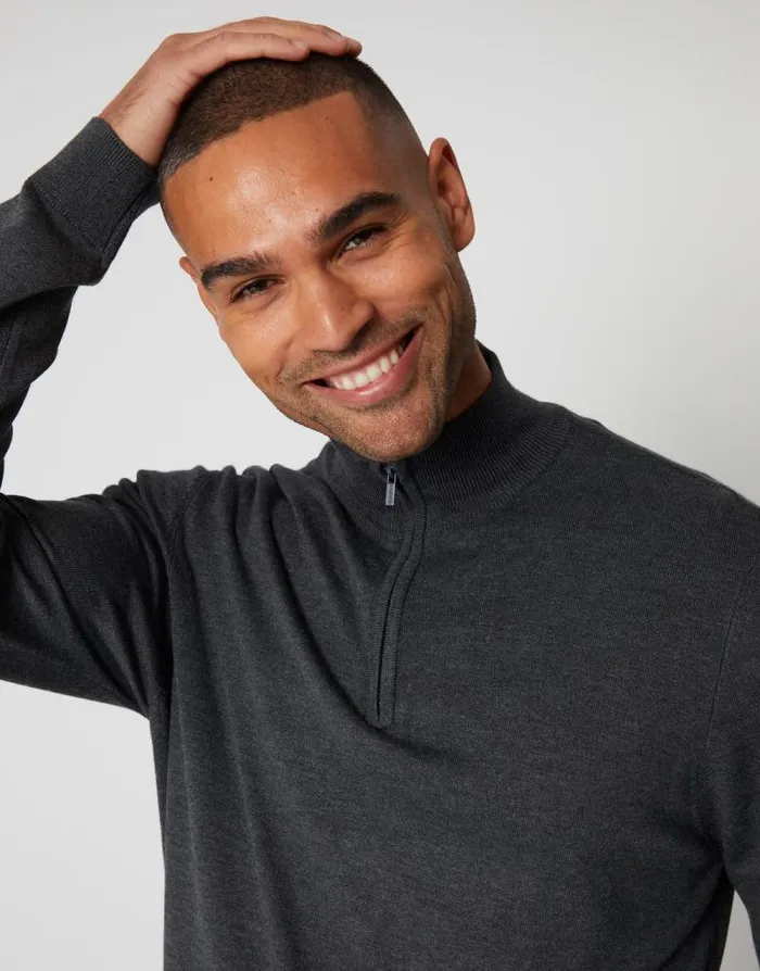 Men Charcoal Funnel Neck Quarter Zip Knitted Jumper Threadbare Jumpers Men Charcoal Funnel Neck Quarter Zip Knitted Jumper Threadbare Jumpers