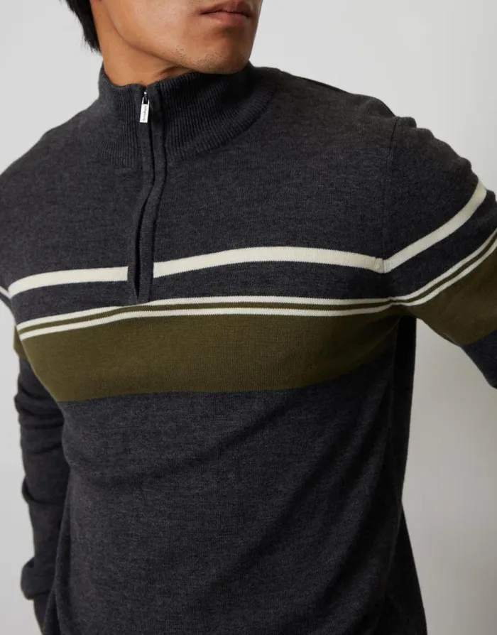Men Charcoal Marl Quarter Zip Colourblock Striped Knitted Jumper Threadbare Jumpers Men Charcoal Marl Quarter Zip Colourblock Striped Knitted Jumper Threadbare Jumpers