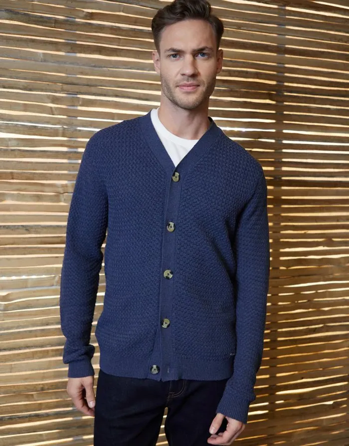 Men Denim Blue Basket Stitch Cardigan Threadbare Cardigans
