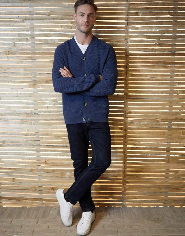 Men Denim Blue Basket Stitch Cardigan Threadbare Cardigans Men Denim Blue Basket Stitch Cardigan Threadbare Cardigans