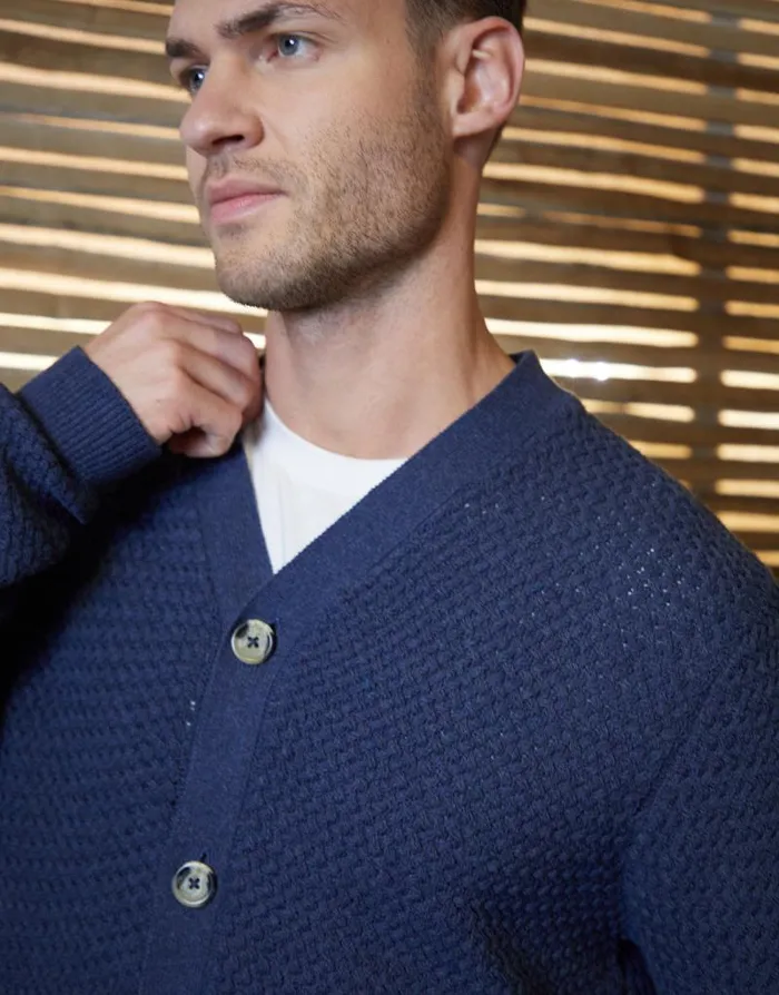 Men Denim Blue Basket Stitch Cardigan Threadbare Cardigans Men Denim Blue Basket Stitch Cardigan Threadbare Cardigans