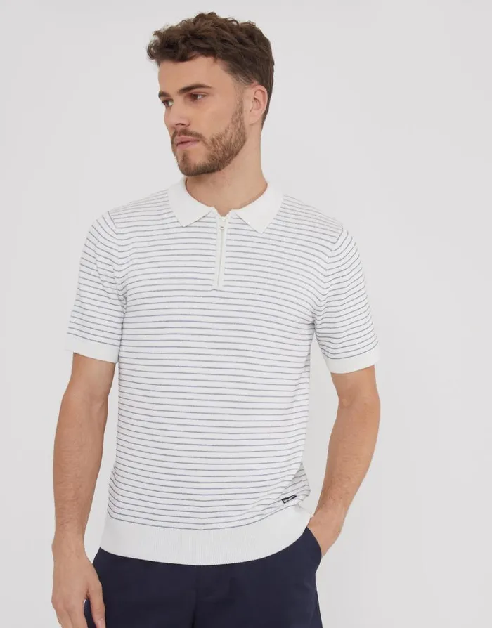 Men Ecru Textured Stripe Quarter Zip Knitted Polo Threadbare Quarter Zips