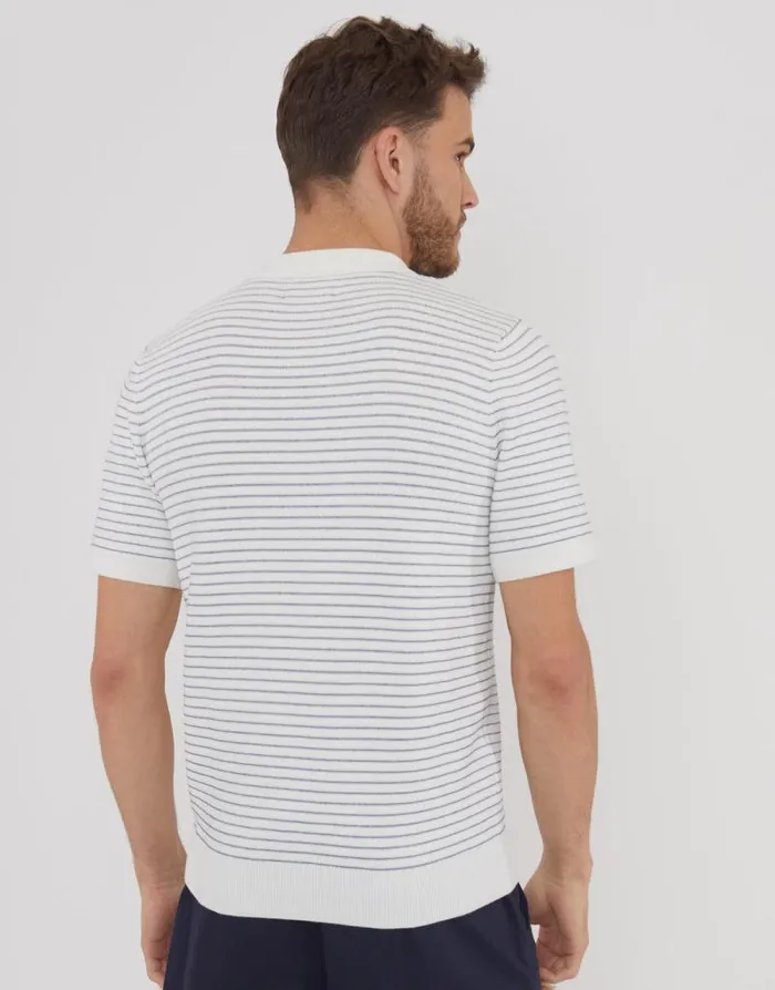 Men Ecru Textured Stripe Quarter Zip Knitted Polo Threadbare Quarter Zips