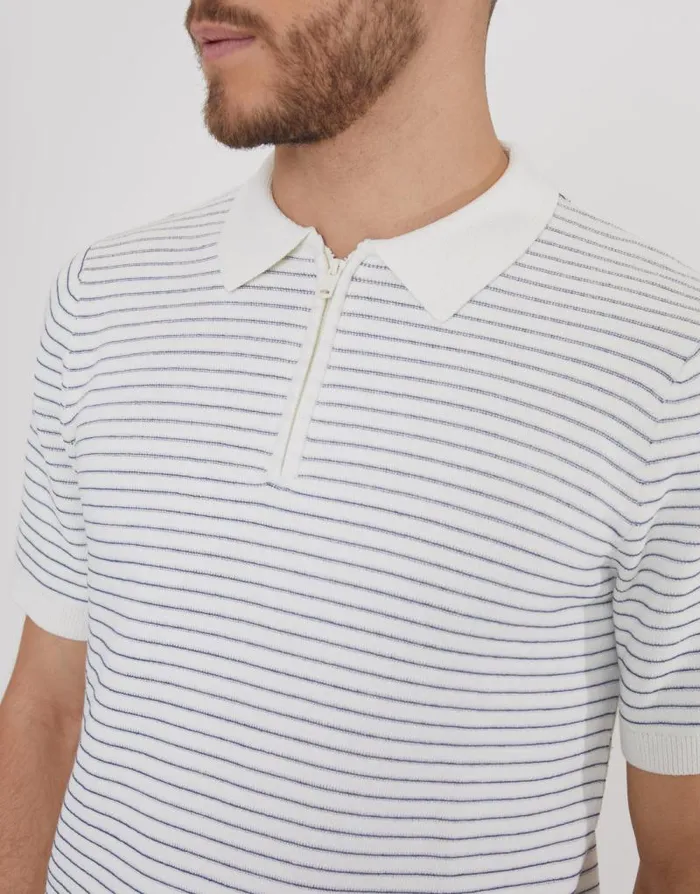 Men Ecru Textured Stripe Quarter Zip Knitted Polo Threadbare Quarter Zips