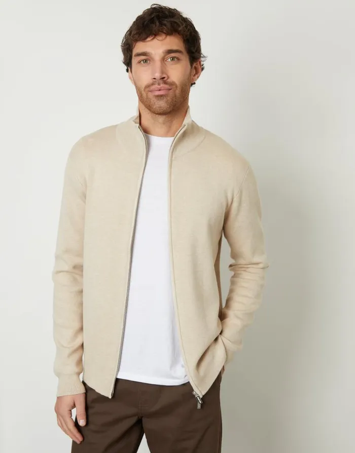 Men Ecru ZipThrough Funnel Neck Knitted Cardigan Threadbare Cardigans