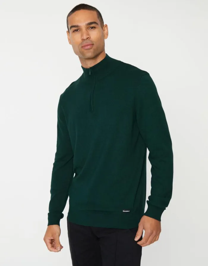 Men Green Funnel Neck Quarter Zip Knitted Jumper Threadbare Jumpers