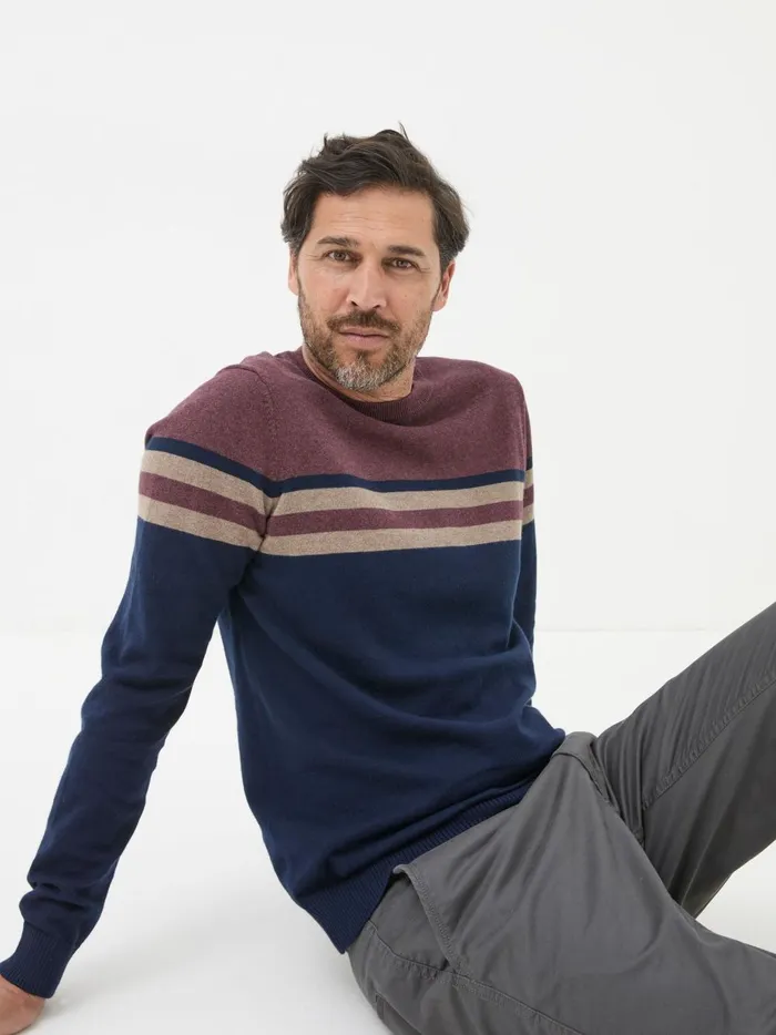 Men Knitwear Fat Face Rye Burgundy Red Cotton Cashmere Crew Neck Jumper