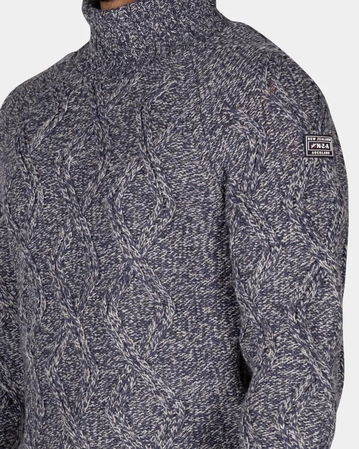 Men Knitwear NZA New Zealand Auckland Blue Wool Cable Knit Turtleneck Sweater 8211 Tin Blue