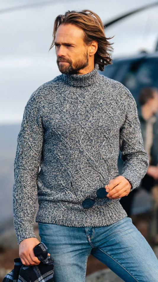 Men Knitwear NZA New Zealand Auckland Blue Wool Cable Knit Turtleneck Sweater 8211 Tin Blue