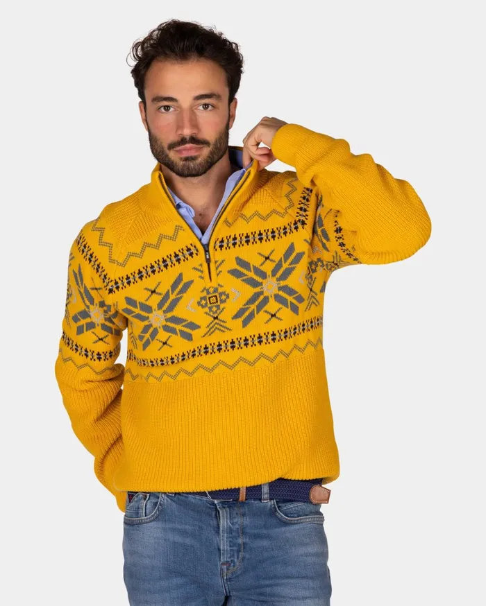 Men Knitwear NZA New Zealand Auckland Ochre Yellow HalfZip Pullover With Colored Pattern 8211 Warm Ocre Men Knitwear NZA New Zealand Auckland Ochre Yellow HalfZip Pullover With Colored Pattern 8211 Warm Ocre